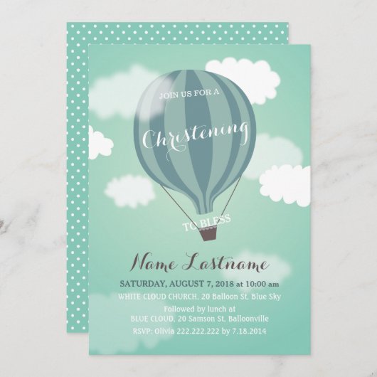 青い熱気の気球の《キリスト教》洗礼式や命名式の招待状 招待状 (正面/裏面)