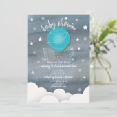 青い熱気の気球 + 星の男の子のベビーシャワー 招待状 (スタンド正面)