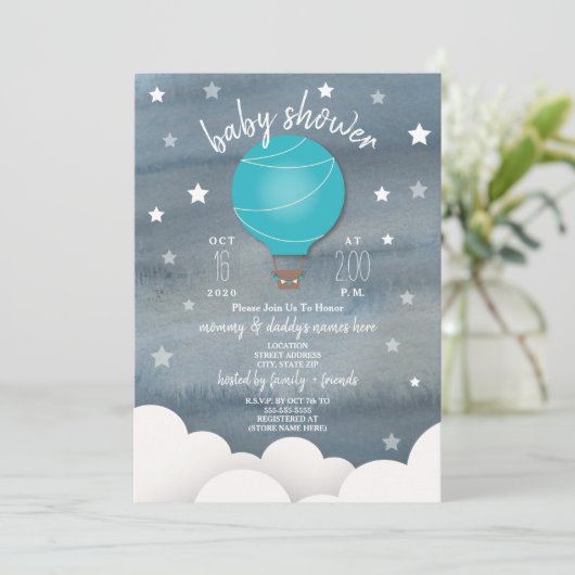 青い熱気の気球 + 星の男の子のベビーシャワー 招待状 (スタンド正面)