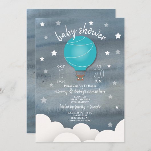 青い熱気の気球 + 星の男の子のベビーシャワー 招待状 (正面/裏面)