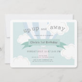 青い熱気球が上がって遠くに1歳の誕生日 招待状 (正面)