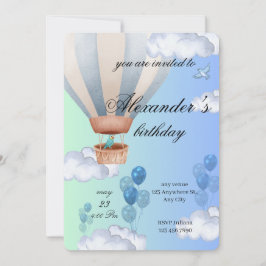 青い熱気球の少年誕生日招待状 招待状