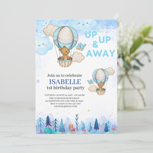 青い熱気球の招待状 1歳の誕生日 招待状 (スタンド正面)