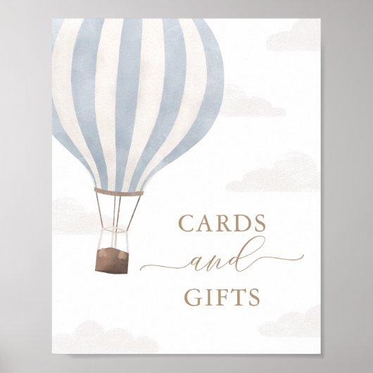 青い熱気球の誕生日カードとギフトサイン ポスター (正面)