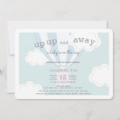 青い熱気球を上げて赤ちゃん遠くにシャワー 招待状 (正面)