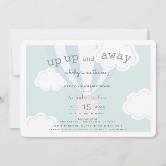 青い熱気球を上げて赤ちゃん遠くにシャワー 招待状 (正面)