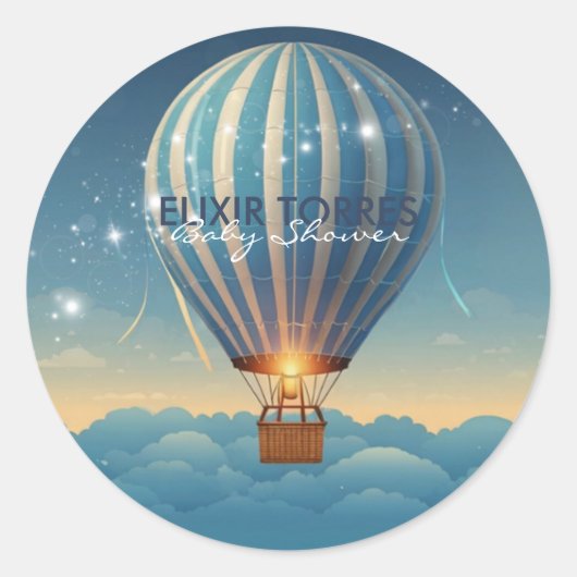青い熱気球アドベンチャーが赤ちゃんシャワーを待つ ラウンドシール (正面)