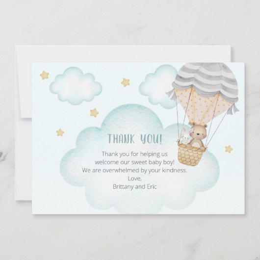 青い熱気球ウッドランド動物の赤ちゃんシャワー サンキューカード (正面)