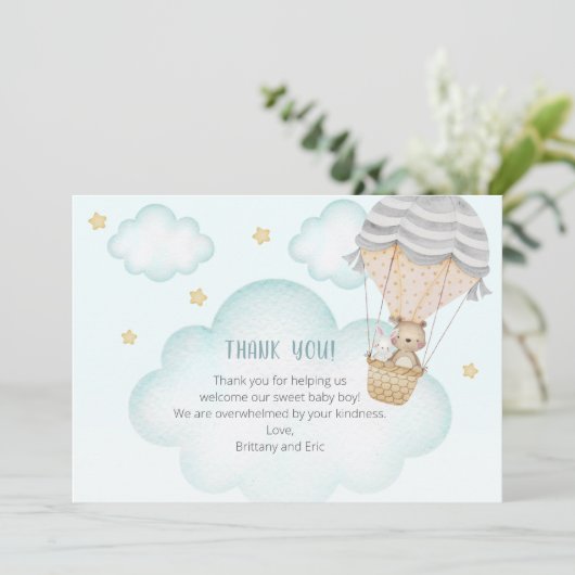 青い熱気球ウッドランド動物の赤ちゃんシャワー サンキューカード (スタンド正面)