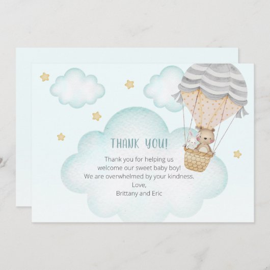 青い熱気球ウッドランド動物の赤ちゃんシャワー サンキューカード (正面/裏面)