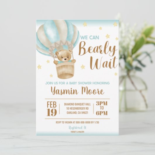 青い熱気球テディベアをテーマにした赤ちゃんシャワー 招待状 (スタンド正面)
