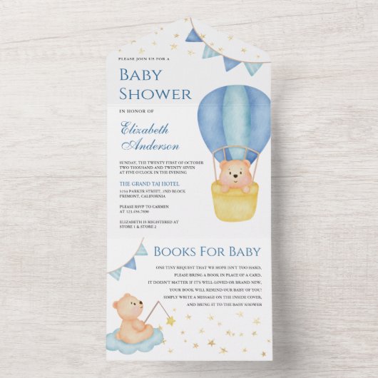 青い熱気球テディベア赤ちゃんシャワー オールインワン招待状 (内側)