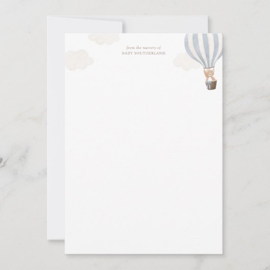 青い熱気球テディベア赤ちゃんシャワー サンキューカード (正面)