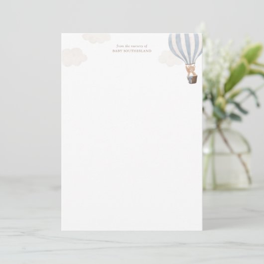 青い熱気球テディベア赤ちゃんシャワー サンキューカード (スタンド正面)