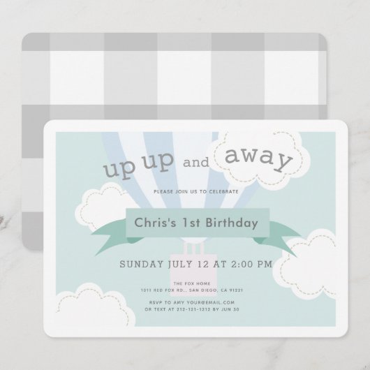青い熱気球　アップアップアンドアウェイ　１歳の誕生日 招待状 (正面/裏面)