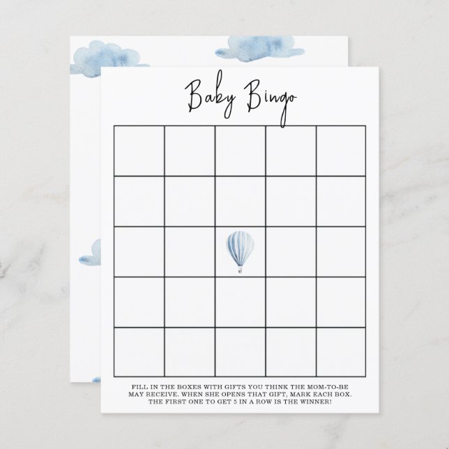 青い熱気球 – 赤ちゃんシャワーのビンゴゲーム (正面/裏面)