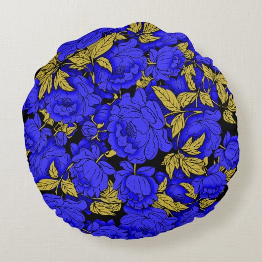 青い牡丹と金ゴールド葉 ラウンドクッション (裏面)