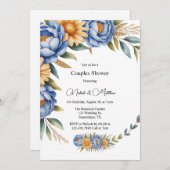 青い牡丹と黄色のデイジーカップルのシャワー 招待状 (正面/裏面)