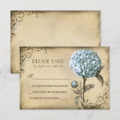 青い牡丹開花付き旧結婚式RSVPカード 出欠カード (正面/裏面)