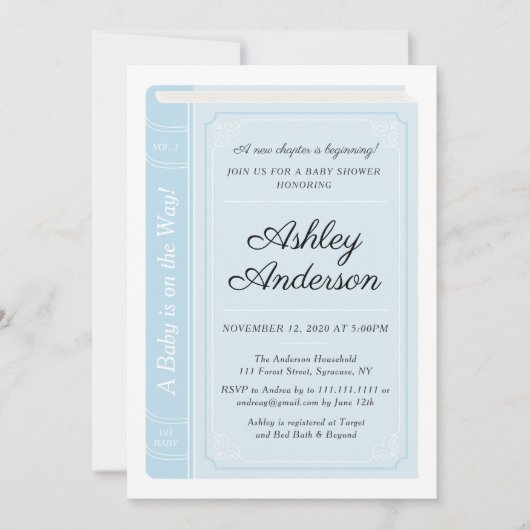 青い物語の本のベビーシャワーの招待状 招待状 (正面)