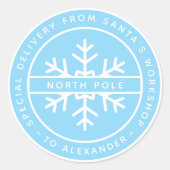 青い特別配送サンタのワークショップ北極 ラウンドシール (正面)