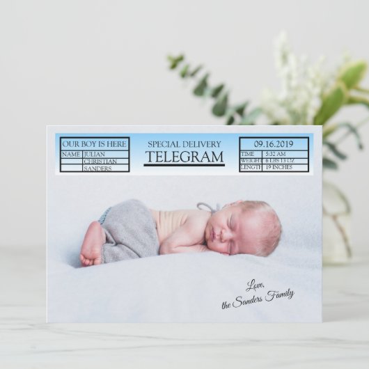 青い特別電報生誕の告知 招待状 (スタンド正面)