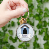 青い犬IDのラベルの犬小屋 キーホルダー (手)