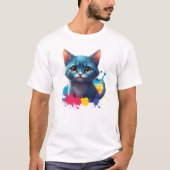 青い猫が訴える顔ムード Tシャツ (正面)