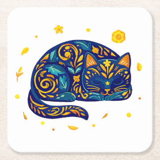 青い猫のフォークアート スクエアペーパーコースター