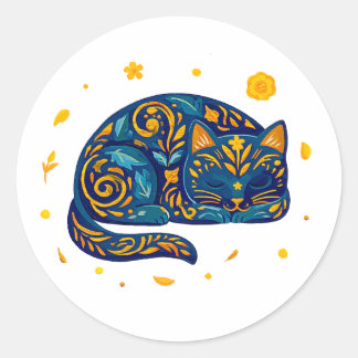 青い猫のフォークアート ラウンドシール
