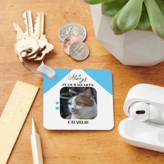 青い猫の思い出の品 ペットメモリアル キーホルダー (デスク)