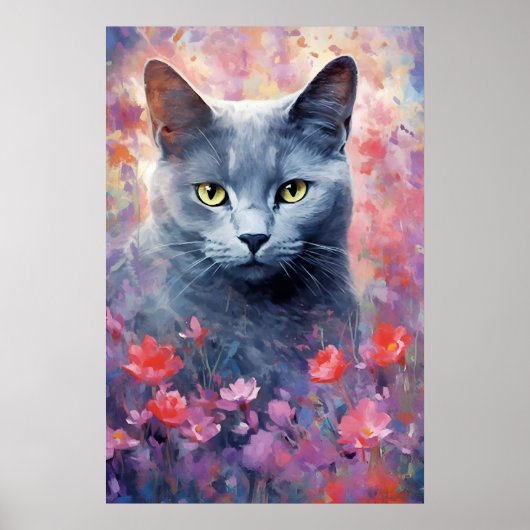 青い猫ロシアのカラフルの水のアートワーク ポスター (正面)