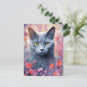 青い猫ロシアのカラフルの水のアートワーク ポストカード (スタンド正面)