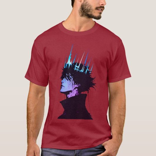 青い王冠をかぶったゴシック調の男性アニメの王様 Tシャツ (正面)