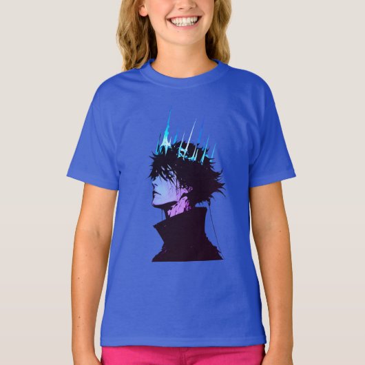 青い王冠をかぶったゴシック調の男性アニメポートレート Tシャツ (正面)