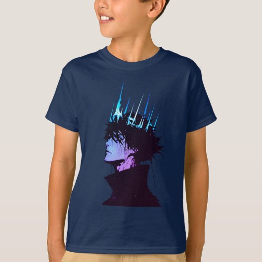 青い王冠をかぶったゴシック調の男性アニメポートレート Tシャツ (正面)