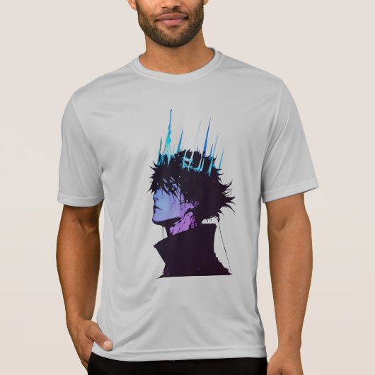 青い王冠をかぶったゴシック調の男性アニメポートレート Tシャツ (正面)