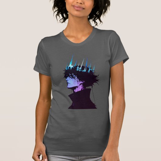 青い王冠をかぶったゴシック調の男性アニメポートレート Tシャツ (正面)