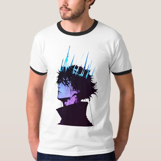 青い王冠をかぶったゴシック調の男性アニメポートレート Tシャツ (正面)