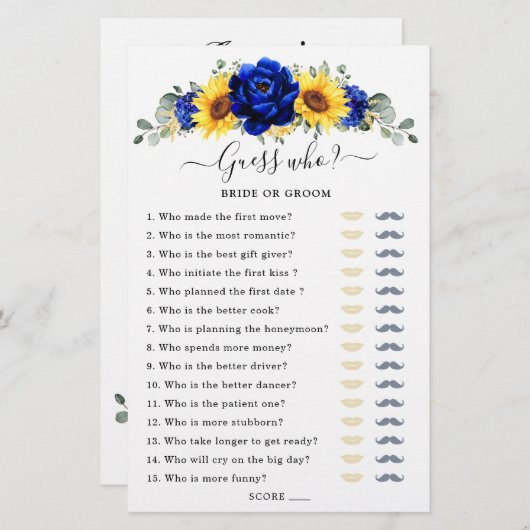 青い王室のひまわりブライダルシャワーゲーム誰を推測 (正面/裏面)