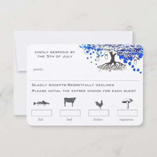 青い王室のハートリーフツリーMason Jarメニューの選択肢 出欠カード (正面)