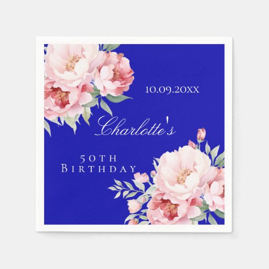 青い王室のピンクのバラの花模様のエレガント誕生日 スタンダードカクテルナプキン (正面)
