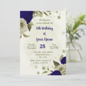 青い王室のベージュの花の植物誕生日 招待状 (スタンド正面)
