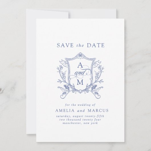 青い王室のヴィンテージの紋章の日付の保存 招待状 (正面)