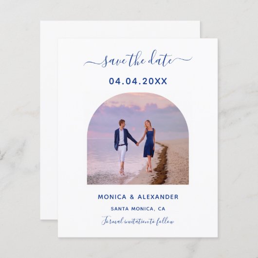 青い王室の写真結婚式Dateカードを保存 (正面/裏面)