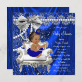 青い王室の椅子の真珠エスニックガール赤ちゃんシャワー 招待状 (正面/裏面)