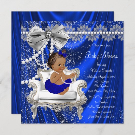 青い王室の椅子の真珠エスニックガール赤ちゃんシャワー 招待状 (正面/裏面)