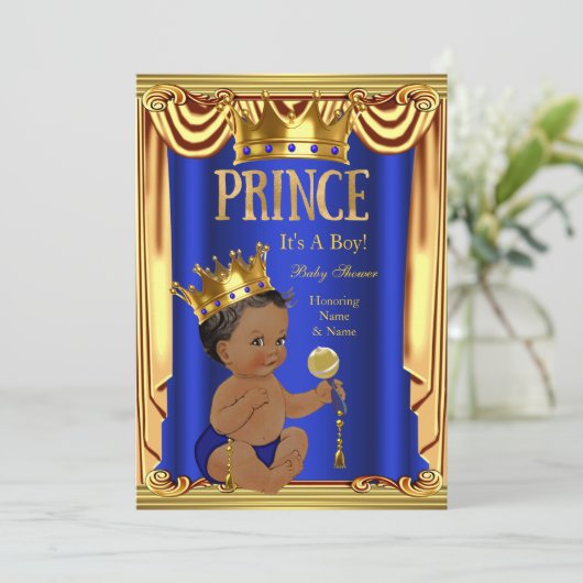 青い王室の王子の赤ちゃんシャワー金ゴールド少年エスニック 招待状 (スタンド正面)