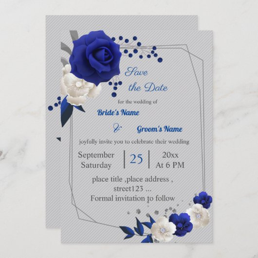 青い王室の白い花の幾何学的な日付を保存 招待状 (正面/裏面)
