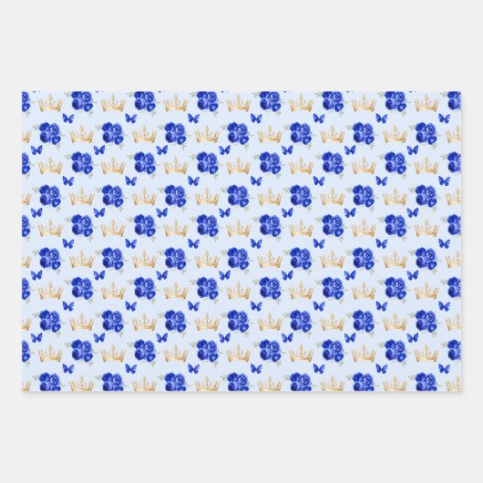 青い王室の花と金ゴールドの冠 ラッピングペーパーシート (正面3)